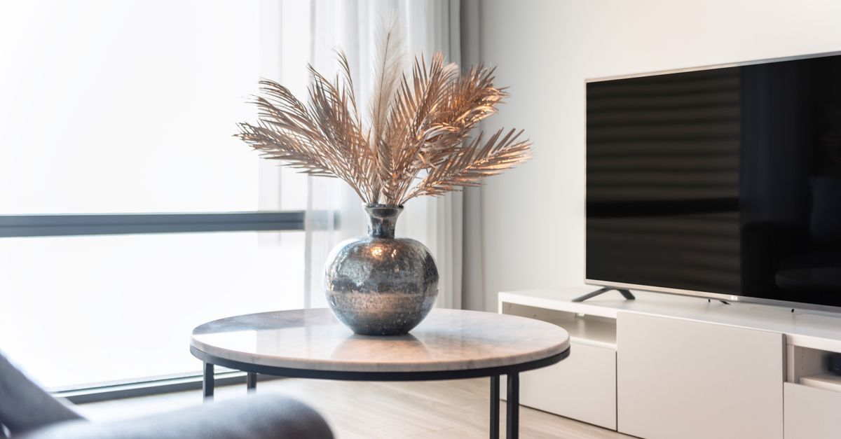 Stylish living room featuring a TV, table, and a vase with decorative leaves.